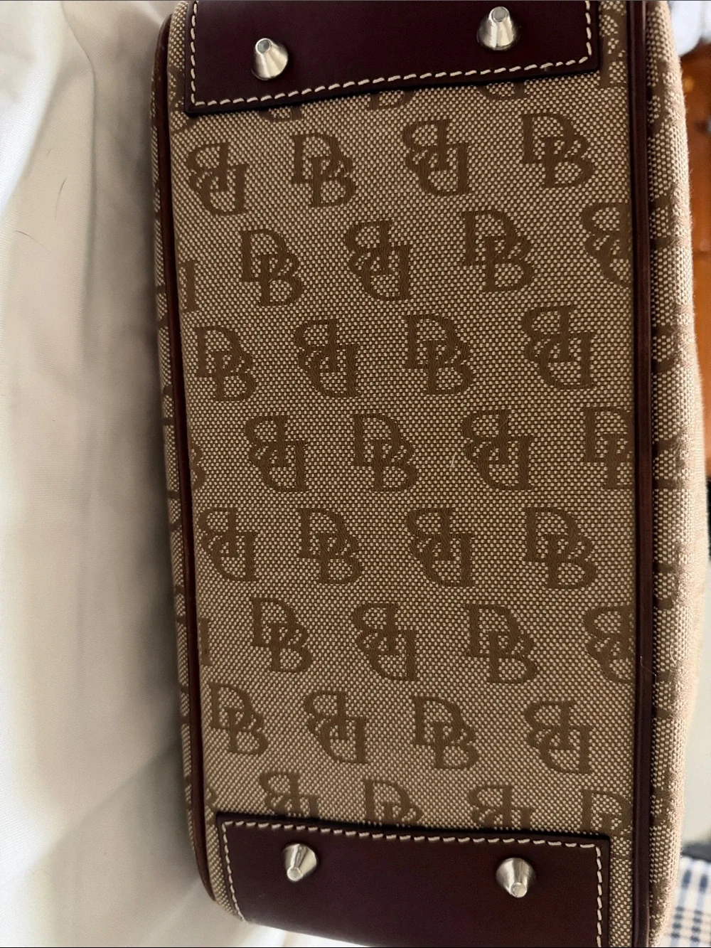 Dooney & Bourke Brown Logo-Print Canvas Tote with Dark Brown Leather Trim
